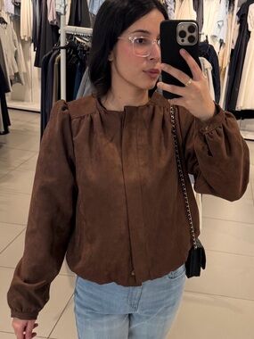 Brown Suede Puff-Sleeve Jacket - Women